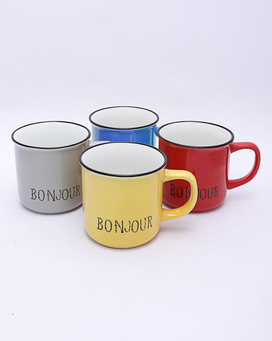 VON CASA Mugs, Bonjour, Microwave & Dishwasher Safe, Assorted Colours, Ceramic, 340 mL, Set of 4