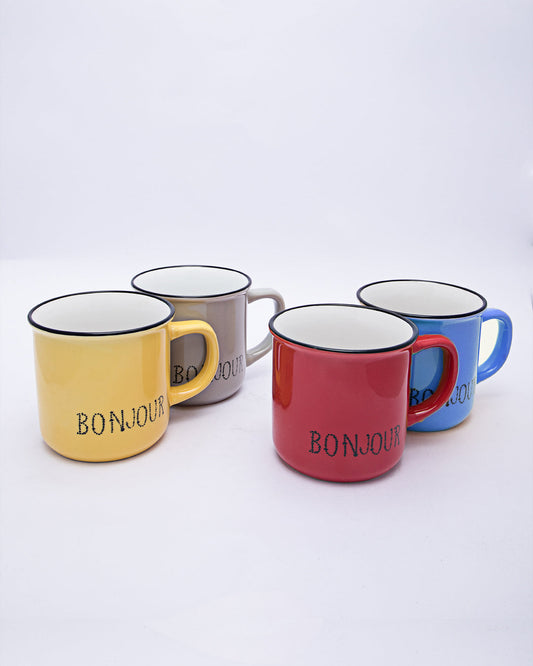 VON CASA Mugs, Bonjour, Microwave & Dishwasher Safe, Assorted Colours, Ceramic, 340 mL, Set of 4