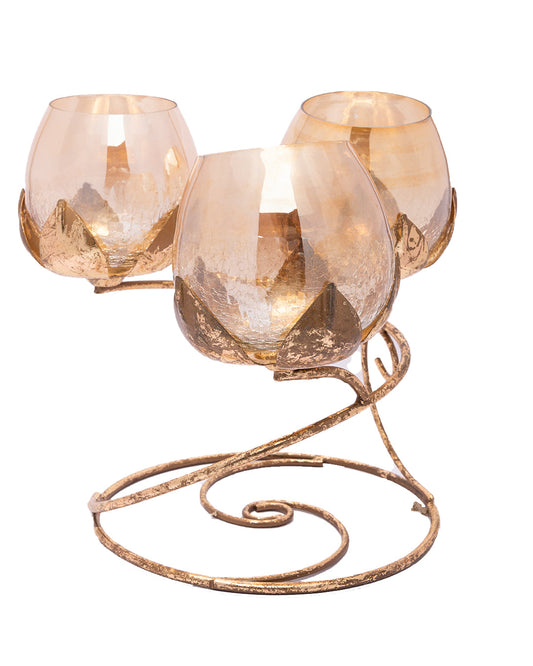 VON CASA 3 Crackle Glass Votive With Metal T-Light Candle Holder