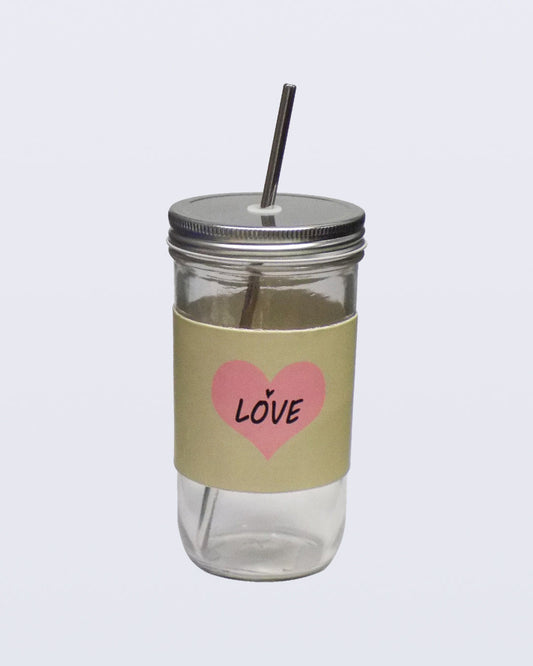 VON CASA Mason Sipper, with Stainless Steel Straw & PU Sleeve, Masson Tumbler, Mason Jar, Love Printed Design, Silver Colour, Glass, 600 mL
