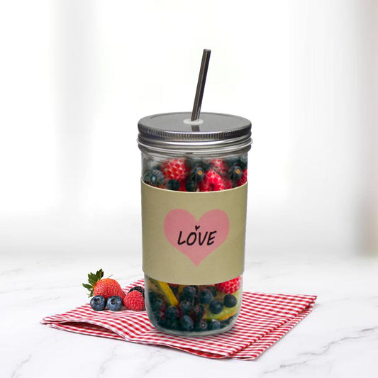 VON CASA Mason Sipper, with Stainless Steel Straw & PU Sleeve, Masson Tumbler, Mason Jar, Love Printed Design, Silver Colour, Glass, 600 mL