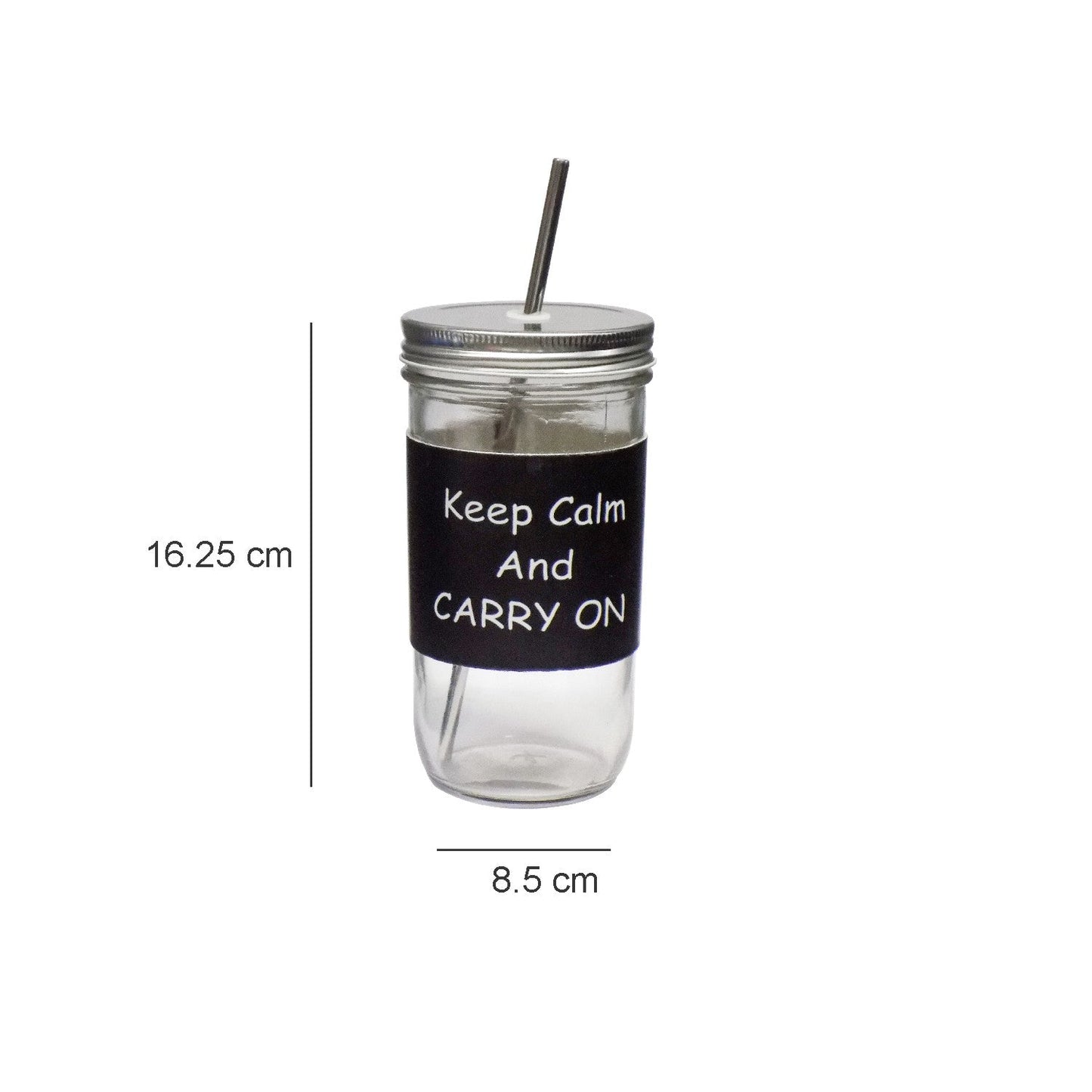 VON CASA Mason Sipper, with Stainless Steel Straw & PU Sleeve, Masson Tumbler, Mason Jar, Carry On Printed Design, Silver Colour, Glass, 600 mL