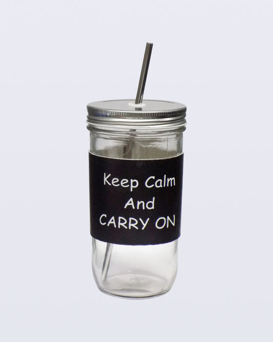 VON CASA Mason Sipper, with Stainless Steel Straw & PU Sleeve, Masson Tumbler, Mason Jar, Carry On Printed Design, Silver Colour, Glass, 600 mL