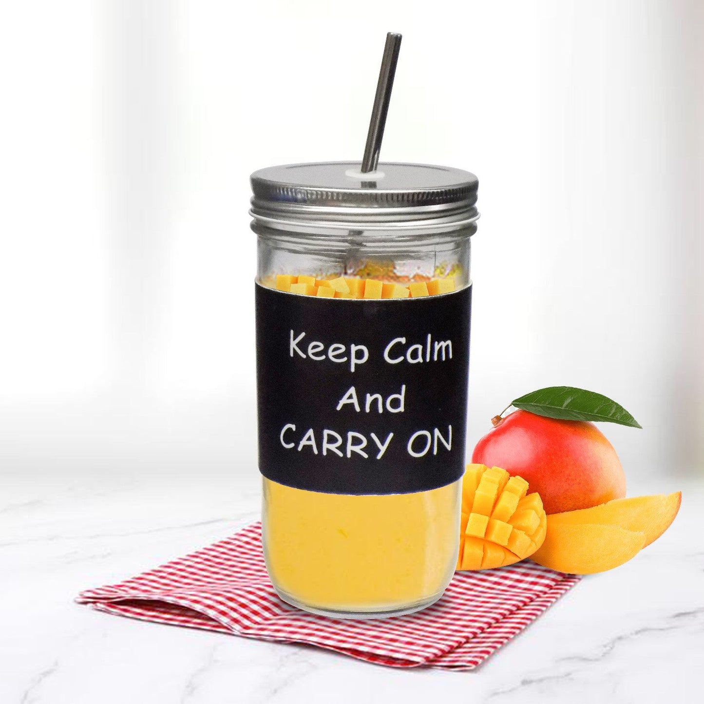 VON CASA Mason Sipper, with Stainless Steel Straw & PU Sleeve, Masson Tumbler, Mason Jar, Carry On Printed Design, Silver Colour, Glass, 600 mL
