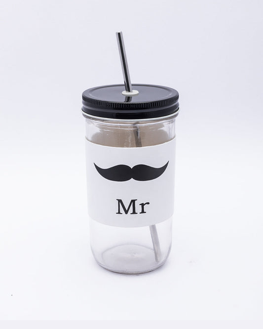 VON CASA Mason Sipper, with Stainless Steel Straw & PU Sleeve, Masson Tumbler, Mason Jar, Mr Printed Design, Silver Colour, Glass, 600 mL