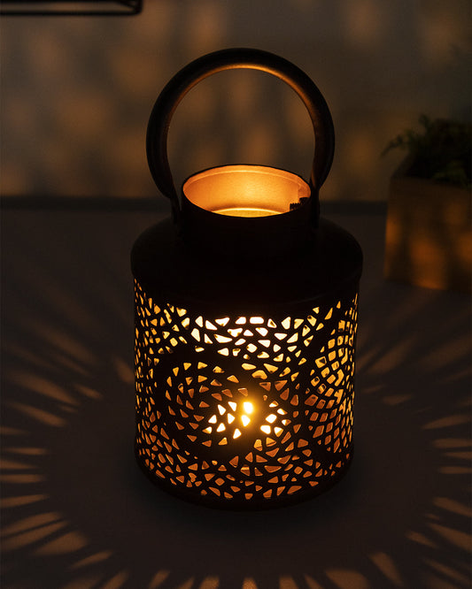 VON CASA Lantern Lamp, T-Light Candle Holder, Sun Pattern Cutwork, Black Colour, Mild Steel