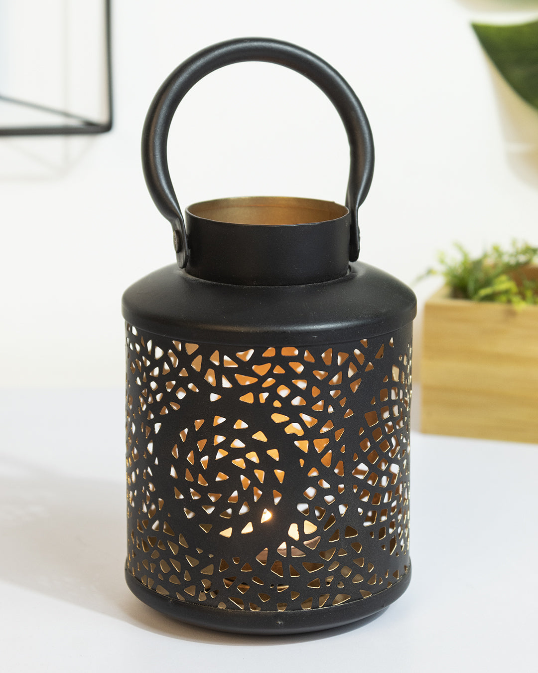 VON CASA Lantern Lamp, T-Light Candle Holder, Sun Pattern Cutwork, Black Colour, Mild Steel