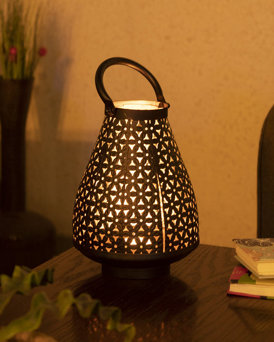 VON CASA Lantern Lamp, T-Light Candle Holder, Flower Cutwork, Black Colour, Mild Steel