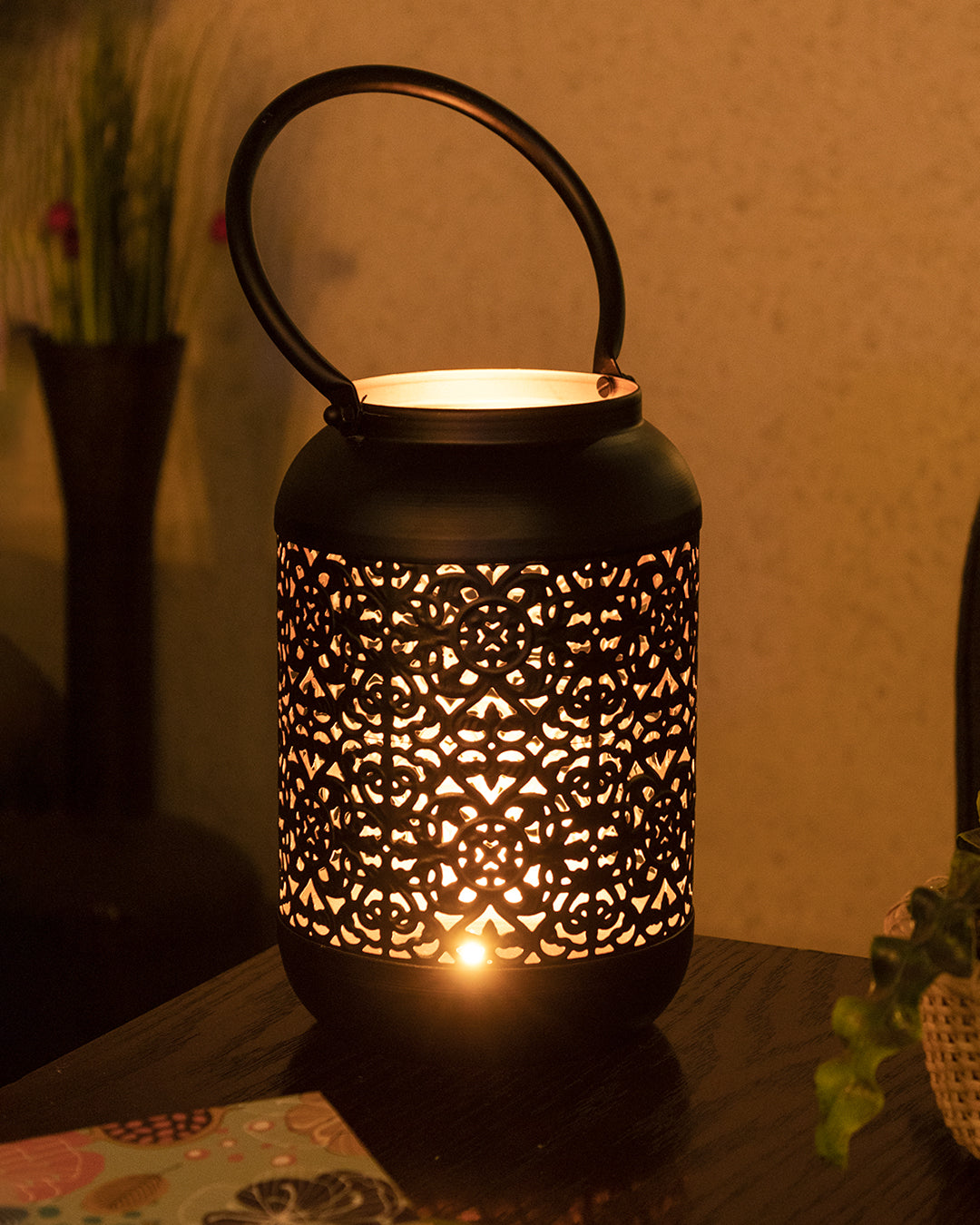 VON CASA Lantern, T-Light Candle Holder, Lamp, Cutwork Design, Gold Finish, Mild Steel