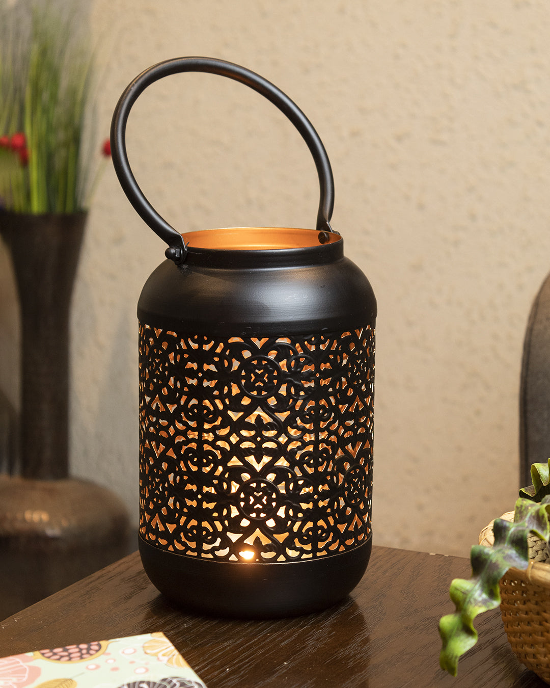VON CASA Lantern, T-Light Candle Holder, Lamp, Cutwork Design, Gold Finish, Mild Steel