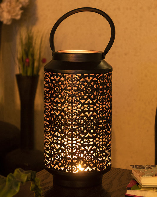 VON CASA Lantern, T-Light Candle Holder Lamp, New Cutwork Design, Black Colour, Mild Steel