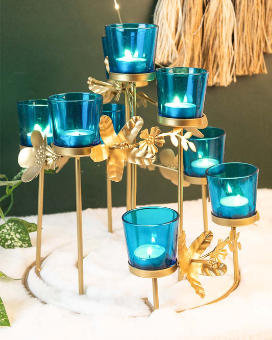VON CASA 9 Arms T-Light Candle Holder, Turquoise Votive, Floral Décor, Gold Finish, Mild Steel