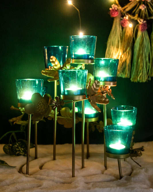 VON CASA 9 Arms T-Light Candle Holder, Turquoise Votive, Floral Décor, Gold Finish, Mild Steel