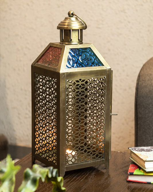 VON CASA Lantern, Diamond Style Cutwork, T-Light Candle Holder Lamp, Gold Finish, Small, Mild Steel
