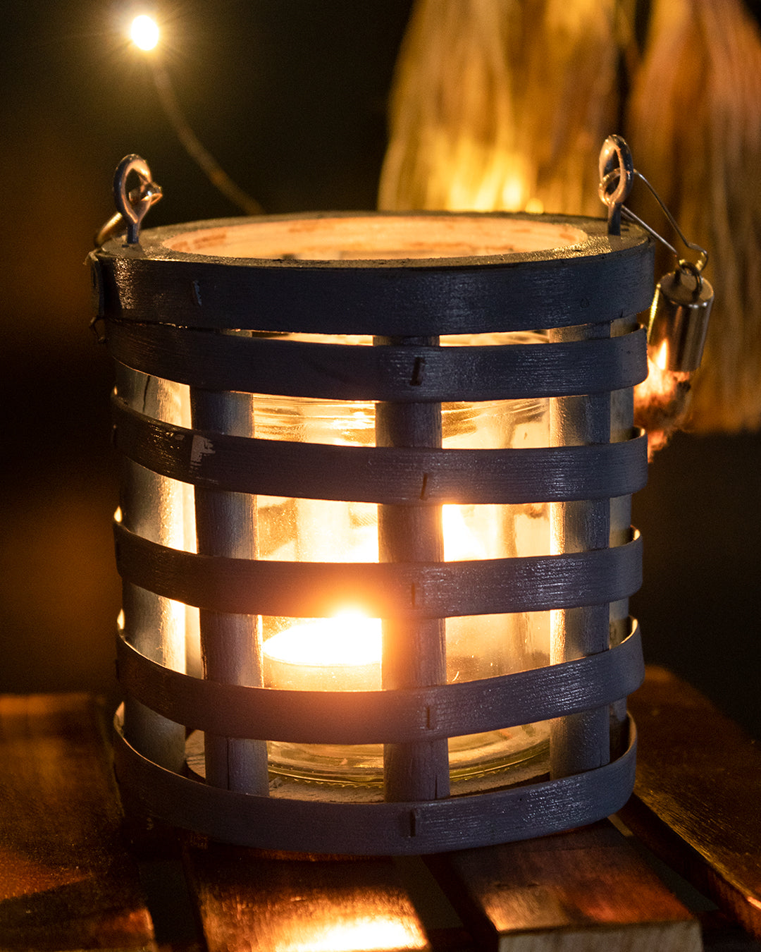 VON CASA Candleholder, Woodchip, Lantern, Blue, Wood