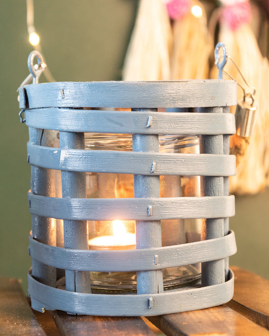VON CASA Candleholder, Woodchip, Lantern, Blue, Wood