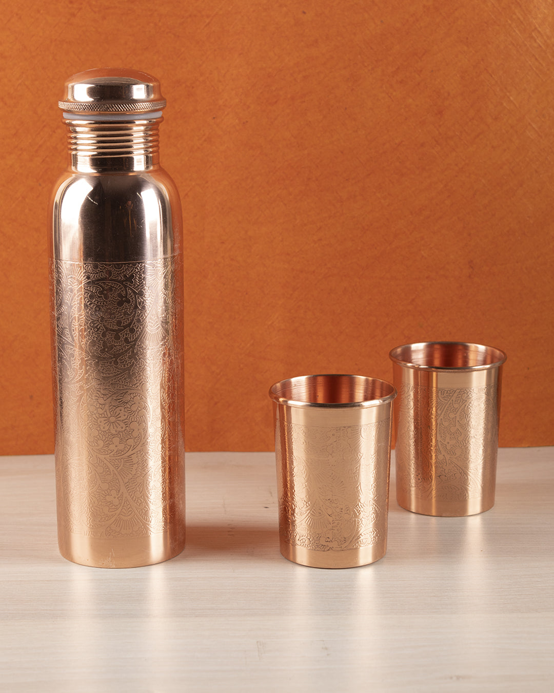 VON CASA Bottle with Tumbler Set, 1 Bottle, 2 Tumblers, Copper, Set of 3, 1 Litre