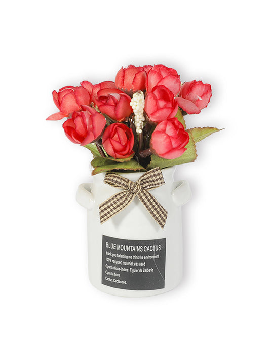 VON CASA Cylindrical Plastic Flower With Pot - Red Rose White Pot