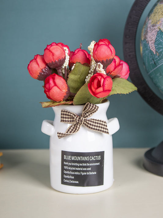 VON CASA Cylindrical Plastic Flower With Pot - Red Rose White Pot