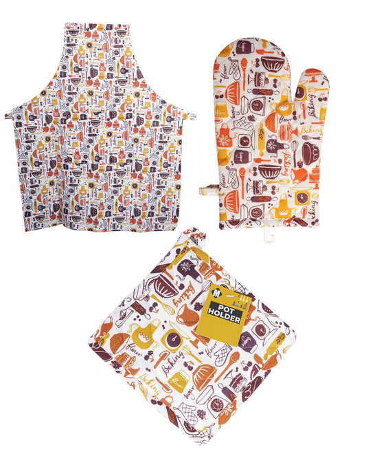 VON CASA Cotton Heat Resistant For Kitchen Pack Of 3 (1 Apron 1 Pot Holder & 1 Glove) - VON CASA