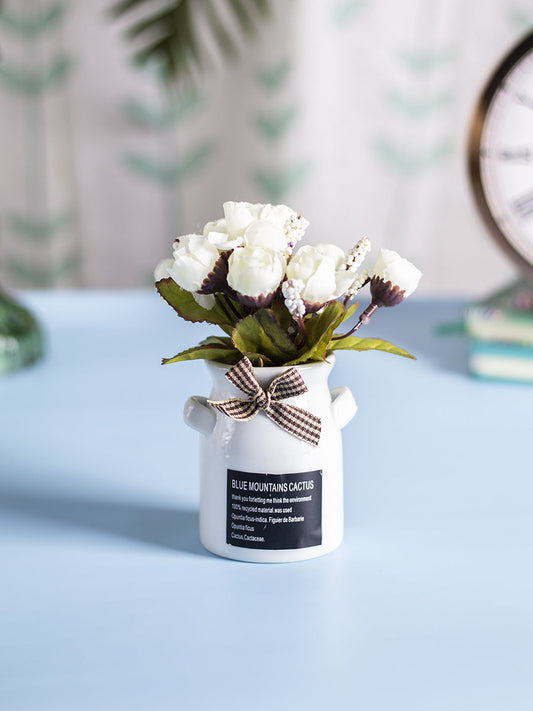 VON CASA Cylindrical Plastic Flower With Pot - White Rose White Pot