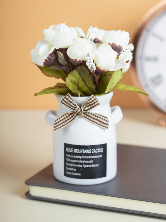 VON CASA Cylindrical Plastic Flower With Pot - White Rose White Pot