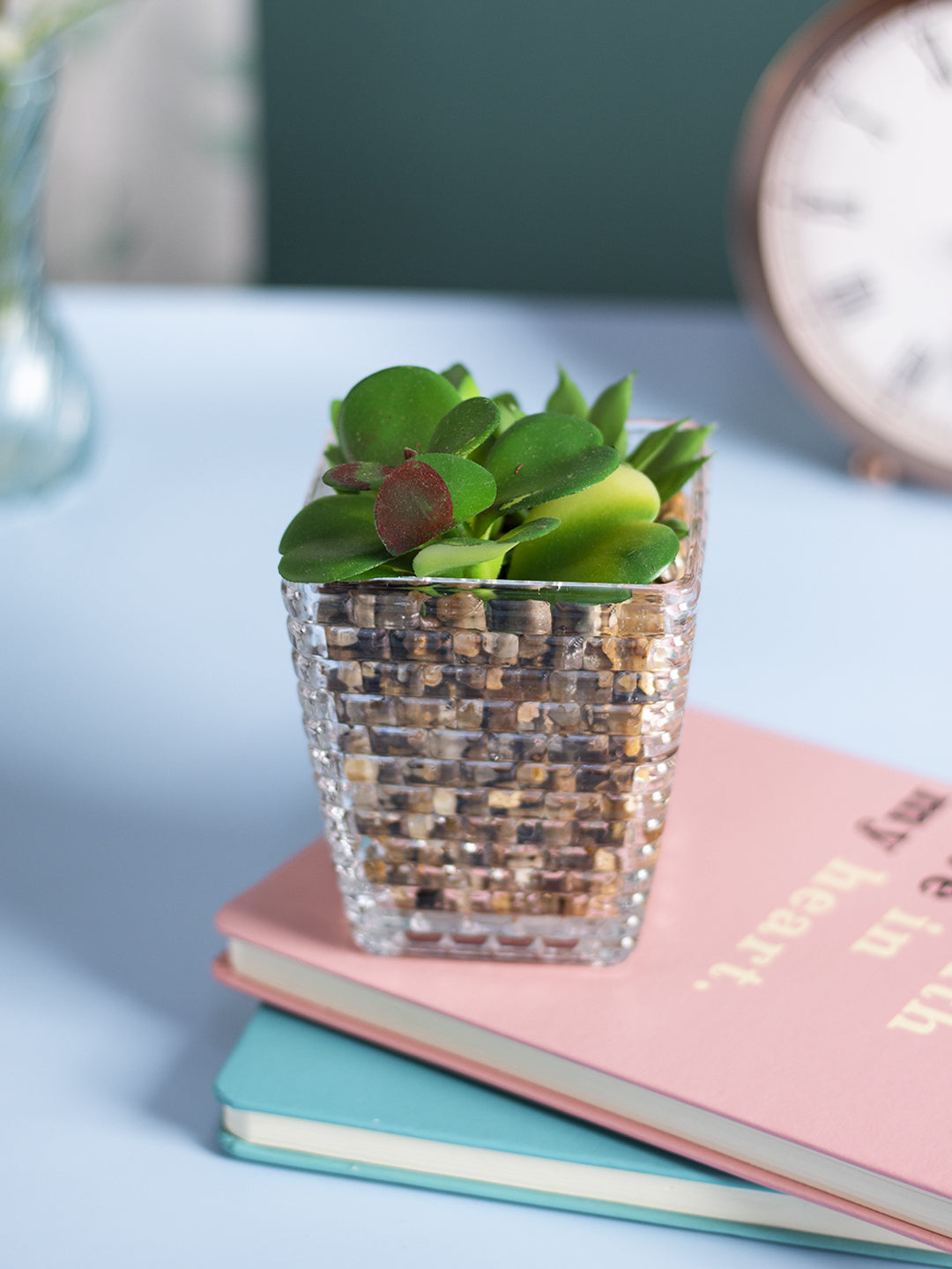 VON CASA Fake Mini Succulent Plant With Glass Pot