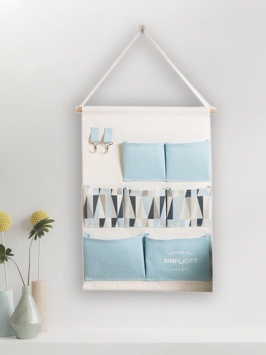 VON CASA Wall Hanging Storage Bag With 7 Pockets And Key Hook - Blue