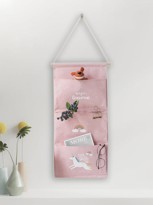 VON CASA Wall Hanging Storage Bag With 3 Pocket And Key Hook - Pink