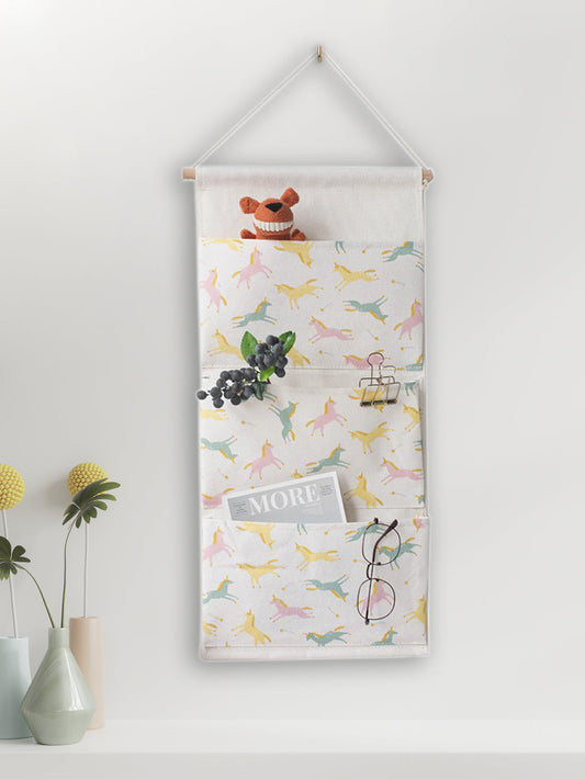 VON CASA Wall Hanging Storage Bag With 3 Pocket And Key Hook - White