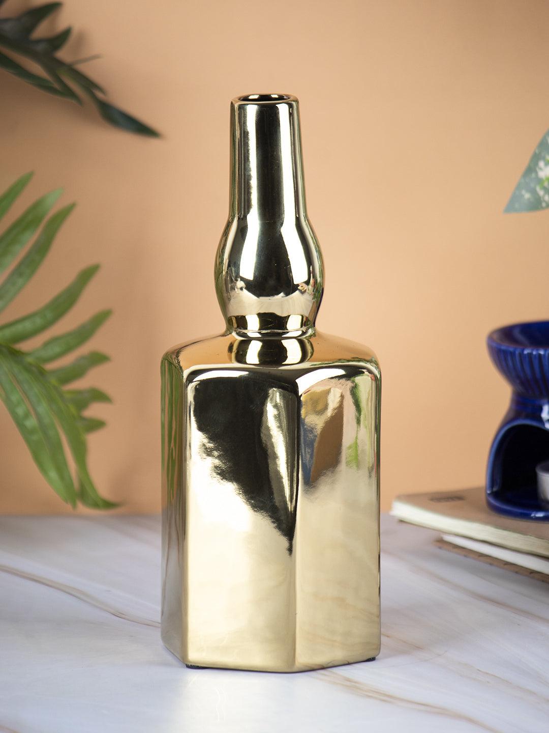 VON CASA Ceramic Gold Bottle Shaped Vase - VON CASA