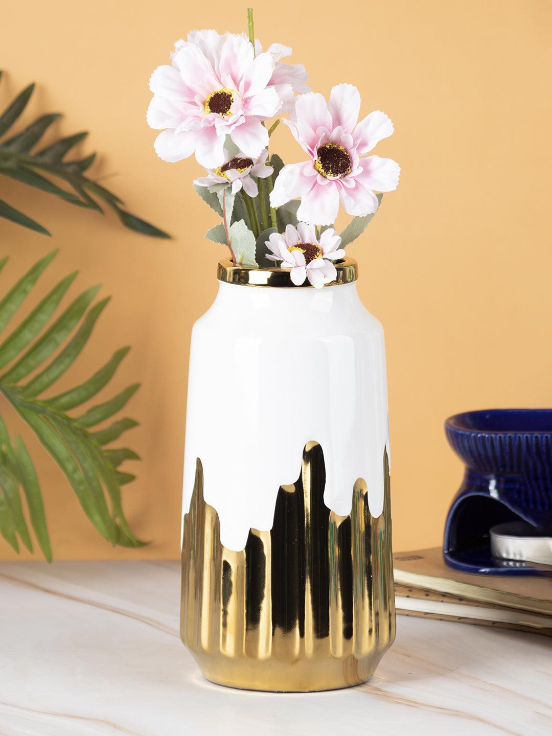 VON CASA Ceramic White +Gold Cyclendrical Vase - VON CASA