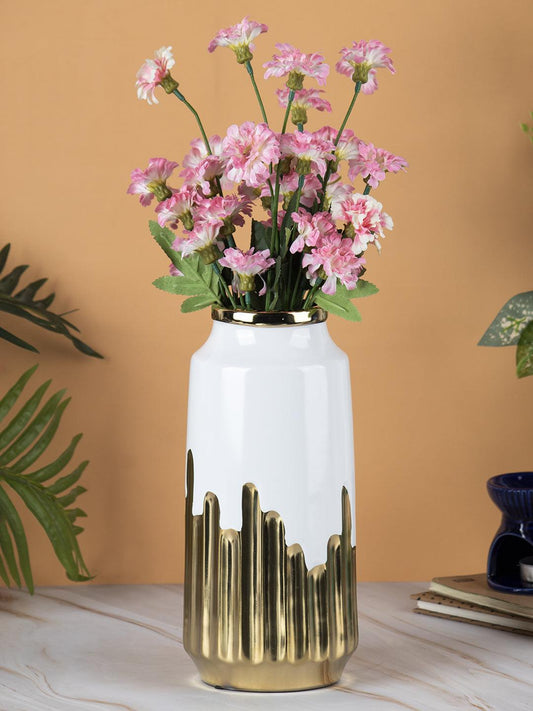 VON CASA Ceramic White +Gold Cyclendrical Vase - VON CASA