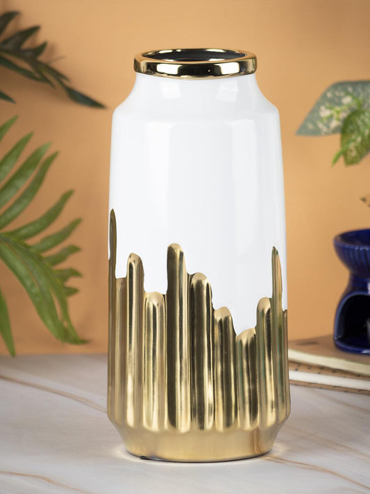 VON CASA Ceramic White +Gold Cyclendrical Vase - VON CASA