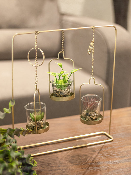 VON CASA Home Decor Table Centerpiece Planter holder  With 3 Glass Plants Vostive