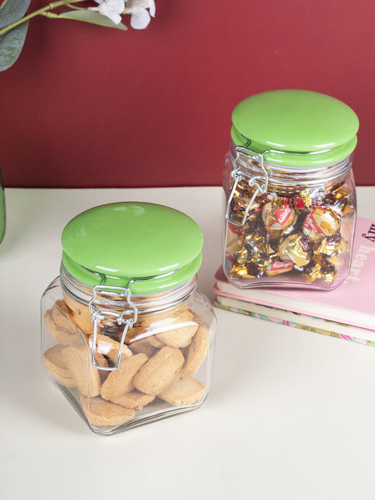 Glass Jar With Green Ceramic Lid Pack Of 2 Pcs - (Each 700 Ml)