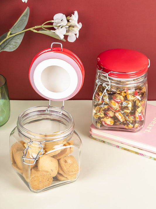 Glass Jar With Red Ceramic Lid Pack Of 2 Pcs - (Each 700 Ml)