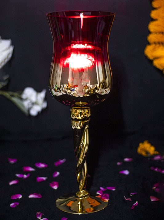 VON CASA Decorative Vintage Red Tinted Glass Candlestick Holder