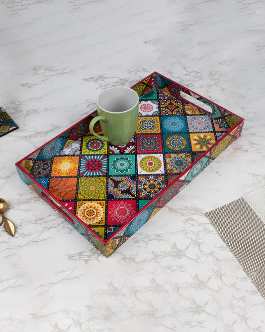 VON CASA Tray with Handle, Multiple Style Print, Multicolour, MDF