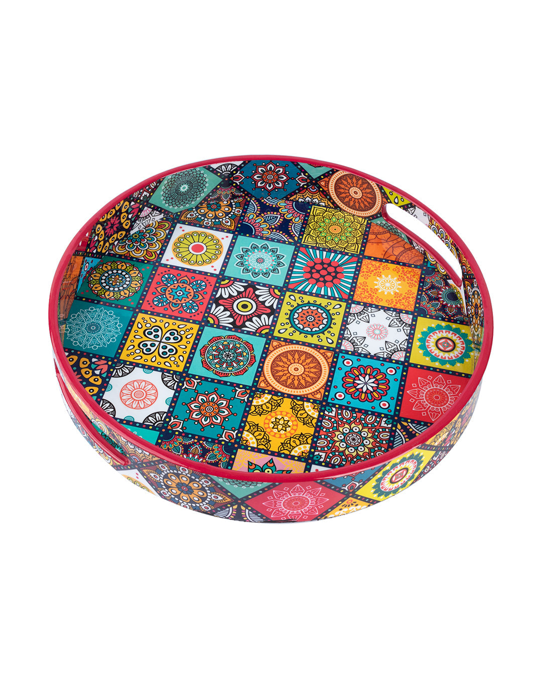 VON CASA Tray with Handle, Round, Multiple Style Print, Multicolour, MDF